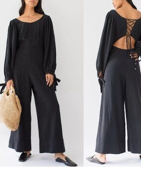Free People Black Long-Sleeve Lace-Back Wide-Leg Jumpsuit